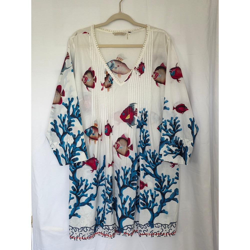 Soft Surroundings Plus Size Tunic Dress Seychelles Fish Coral 1X Beaded Hem - Picture 2 of 13